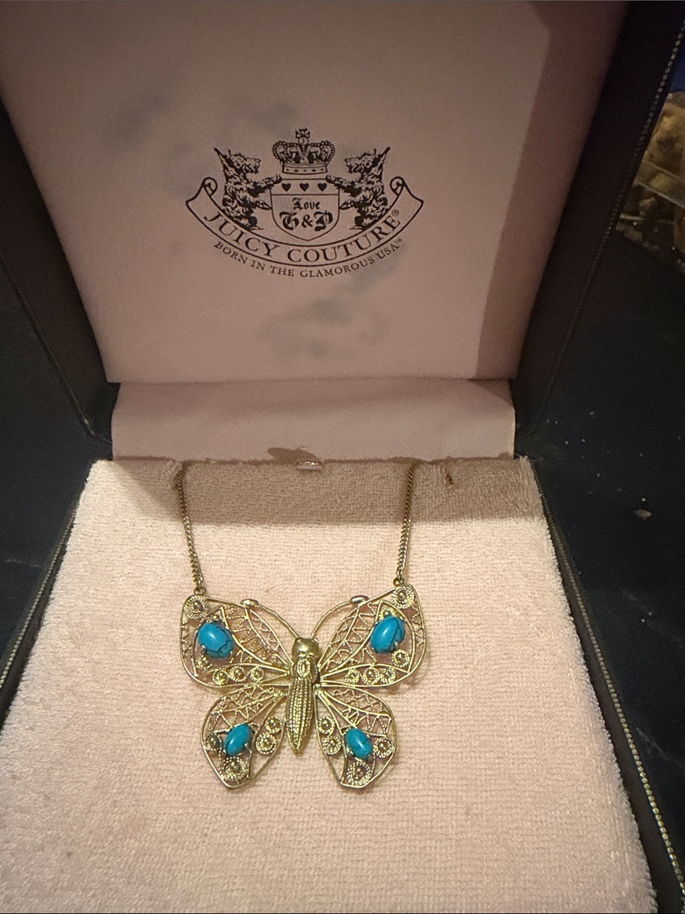 Juicy Couture Gold Butterfly Necklace with Blue Turquoise Accents